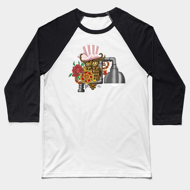 Mrs. Steampunk Owl Baseball T-Shirt by tigressdragon